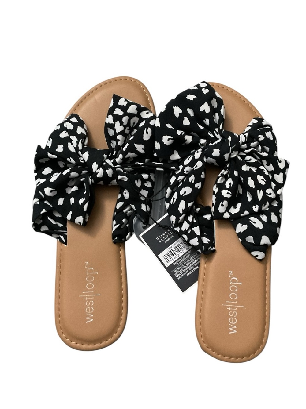 west loop Black & White Bow Slide Sandals with Tan Footbed